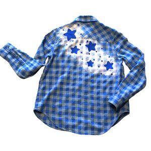 Upcycled Bleached Flannel Shirt, Women’s Size Small: Blue Plaid Stars Western